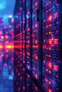 Futuristic server room with vibrant blue and pink lights, symbolizing high-speed data processing and advanced network