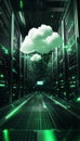 Futuristic servers glowing in green neon light with dynamic cloud pushing data streams forward Royalty Free Stock Photo
