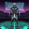 Futuristic setting featuring a humanoid figure in high-tech armor, blending metallic Royalty Free Stock Photo