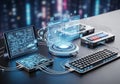 A futuristic setup with a holographic display, keyboards, and digital panels connected via cables. Royalty Free Stock Photo