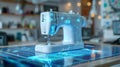 Futuristic sewing machine on a crafting table with digital blueprints and holograms