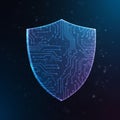 A futuristic shield icon with a circuit board pattern, symbolizing cybersecurity.