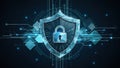 A futuristic shield with a lock symbol representing advanced cybersecurity technology Royalty Free Stock Photo