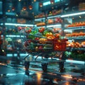 Futuristic shopping cart stocked with a variety of vibrant fresh vegetables