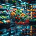 Futuristic shopping cart stocked with a variety of vibrant fresh vegetables