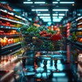 Futuristic shopping cart stocked with a variety of vibrant fresh vegetables