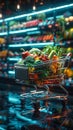 Futuristic shopping cart stocked with a variety of vibrant fresh vegetables