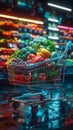 Futuristic shopping cart stocked with a variety of vibrant fresh vegetables