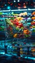 Futuristic shopping cart stocked with a variety of vibrant fresh vegetables