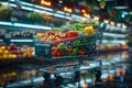 Futuristic shopping cart stocked with a variety of vibrant fresh vegetables