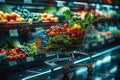 Futuristic shopping cart stocked with a variety of vibrant fresh vegetables