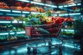 Futuristic shopping cart stocked with a variety of vibrant fresh vegetables