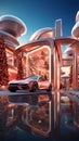 Futuristic shopping center in form of a ball sphere, christmas decoration, red futuristic sport car, snow and space