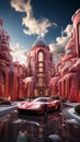 Futuristic shopping center in form of a ball sphere, christmas decoration, red futuristic sport car, snow and space