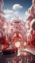 Futuristic shopping center in form of a ball sphere, christmas decoration, red futuristic sport car, snow and space