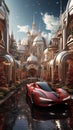 Futuristic shopping center in form of a ball sphere, christmas decoration, red futuristic sport car, snow and space