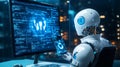 Futuristic White Robot Analyzing Cybersecurity Network Data with Glowing Blue Digital Interface Royalty Free Stock Photo