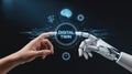 Human and robot hands touching digital twin interface with AI icons Keywords: digital twin Royalty Free Stock Photo