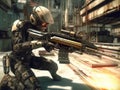 cyberpunk styleCyberenhanced mercenary aims futuristic rifle