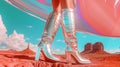 Futuristic silver boots in vibrant desert landscape. Royalty Free Stock Photo