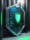 Futuristic silver shield with green glow. Central, slightly tilted, in transparent background. 3D rendered, modern, sleek, Royalty Free Stock Photo