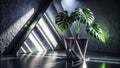 A Futuristic Silver Space Portrait Abstract 3D Rendering of a Triangular Pedestal Framed by Sculpted Monstera Shadows Royalty Free Stock Photo