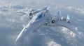 Futuristic silver spaceship flying above clouds with sleek design and advanced