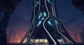 Futuristic skyscraper with a complex, twisting design and illuminated lines,