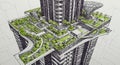 Futuristic skyscraper design featuring a lush, expansive rooftop garden. The garden Royalty Free Stock Photo