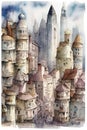 futuristic skyscraper in the middle of the old city, realistic, kids story book style, muted colors, watercolor style, Ai