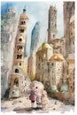 futuristic skyscraper in the middle of the old city, realistic, kids story book style, muted colors, watercolor style, Ai