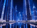 Futuristic Skyscrapers with Blue Night Lights Royalty Free Stock Photo