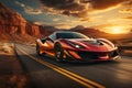 A futuristic sleek sports car racing down an empty highway at sunset, showcasing the thrill of high-speed driving. Generative AI