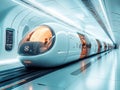 A futuristic, sleek, white train with ample legroom and natural light Passengers use personal devices or view outside Royalty Free Stock Photo