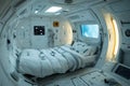 Futuristic sleeping quarters designed for space travel with a view of Earth, showcasing advanced technology and comfort in a Royalty Free Stock Photo