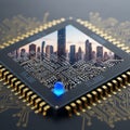 Futuristic smart city concept visualized within a glowing microchip representing advanced digital infrastructure technology Royalty Free Stock Photo