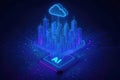AI powered smart city concept with glowing skyscrapers connected to a cloud and central processor artificial intelligence Royalty Free Stock Photo