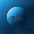Futuristic Smart City, IoT and Cloud Computing Design Concept with Transparent Globe and Binary Code Pattern