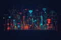 Futuristic smart city with neon network icons, symbolizing tech and connectivity Royalty Free Stock Photo