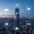 Futuristic smart city network connecting buildings and technology. Royalty Free Stock Photo