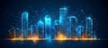 Futuristic Smart City Skyline with Connection Network at Night, Digital Vector Illustration, Royalty Free Stock Photo