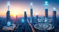 Futuristic smart city skyline with 5G network, connected IoT devices, and glowing digital interface overlay Royalty Free Stock Photo