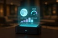 Futuristic smart device displaying sleep cycles and stress levels illuminated on a tabletop in a blurred interior setting Royalty Free Stock Photo