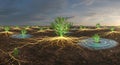 Futuristic smart farming showing glowing plant roots Royalty Free Stock Photo