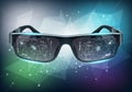 Futuristic smart glasses against a dynamic geometric backdrop. Reflective lenses display complex Royalty Free Stock Photo