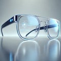 Futuristic smart glasses with augmented reality interface and neon cyberpunk aesthetic