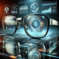 Futuristic smart glasses with augmented reality interface and neon cyberpunk aesthetic