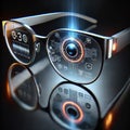 Futuristic smart glasses with augmented reality interface and neon cyberpunk aesthetic