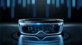 Futuristic smart glasses with blue glowing display, set against a dark background with blue vertical lines Royalty Free Stock Photo
