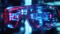 Futuristic smart glasses displaying building schematics and data in augmented reality Royalty Free Stock Photo